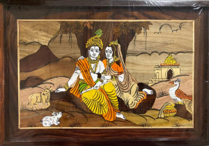 Traditional Handicraft Mysore Rosewood Inlay Wooden Painting Of Sitting Radha Krishna