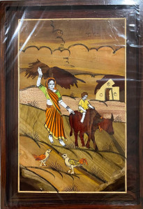 Traditional Handicraft Mysore Rosewood Inlay Wooden Painting Of Women Carrying Grass on his head and taking buffalo