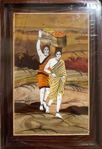 Traditional Handicraft Mysore Rosewood Inlay Wooden Painting Of Women carrying Pot on her Head