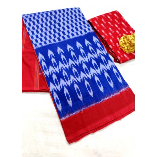 Traditional Pochampally Ikat Handloom Beautiful Cotton Blue & Red Printed Saree