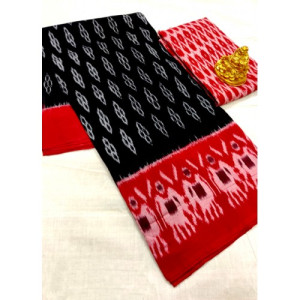 Traditional Pochampally Ikat Handloom Cotton Printed Saree in Black & Red Color