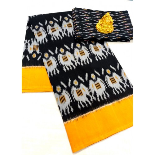 Traditional Pochampally Ikat Handloom Cotton Printed Saree in Black & Yellow Color