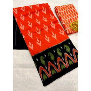 Traditional Pochampally Ikat Handloom Cotton Printed Saree in Orange & Black Color