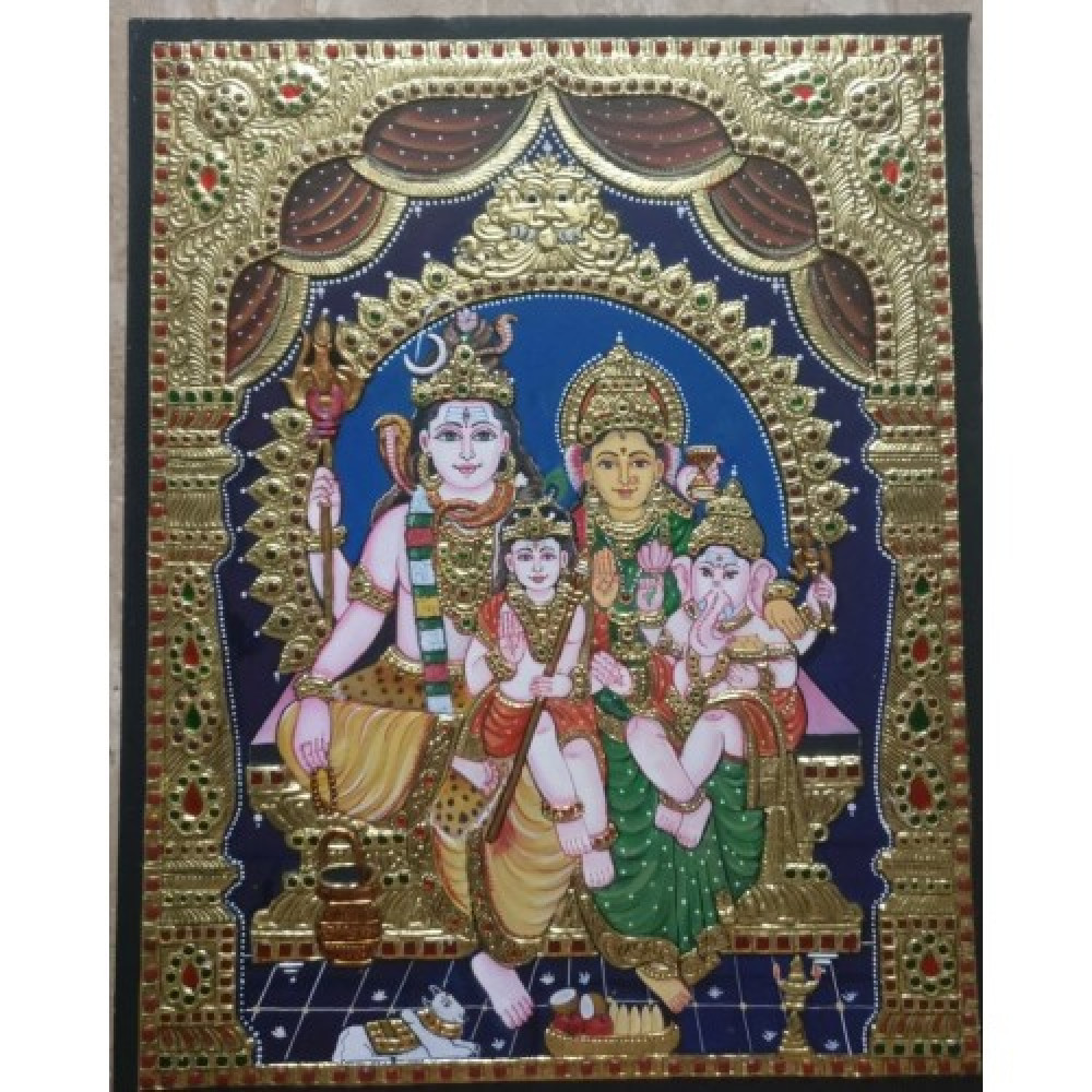 Traditional Thanjavur Painting of Divine Family of Shiva, Parvathi, Bala Ganapathy Bala Subramaniyam