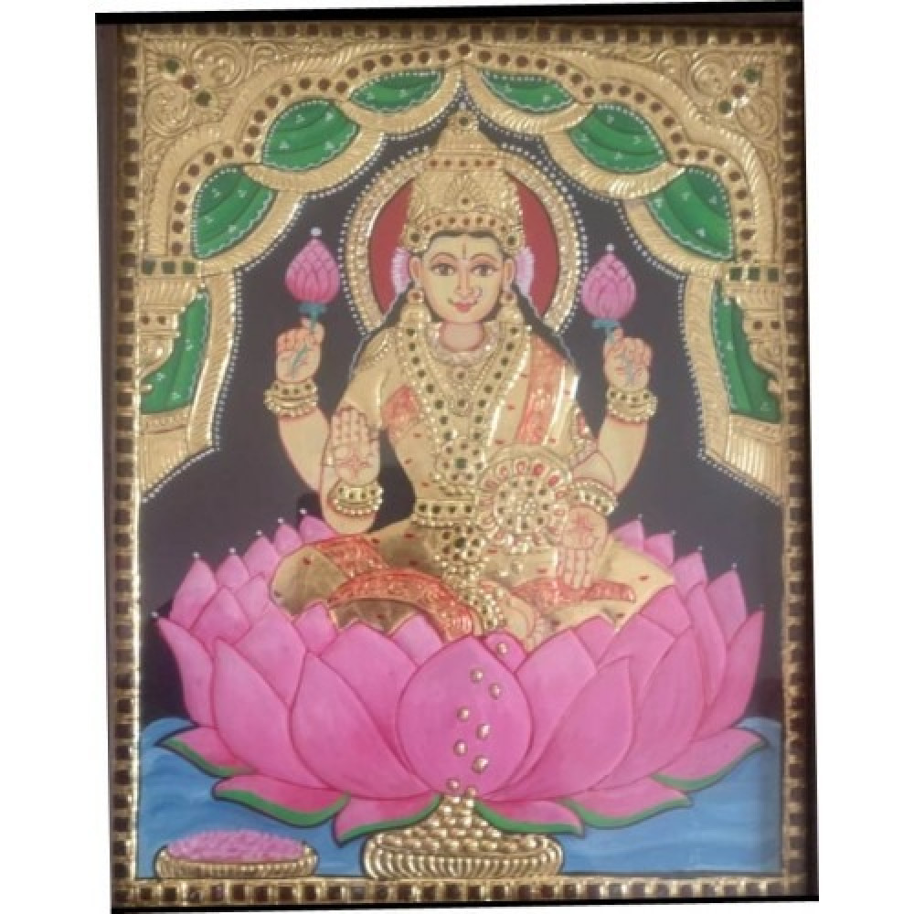 Traditional Thanjavur Painting of Goddess Lakshmi Seated on Lotus