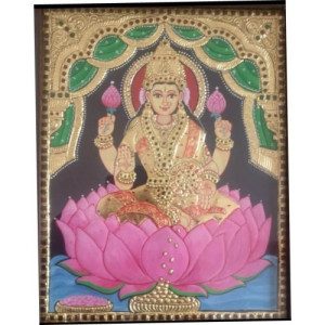 Traditional Thanjavur Painting of Goddess Lakshmi Seated on Lotus