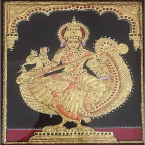 Traditional Thanjavur Painting of the Goddess Mata Saraswati