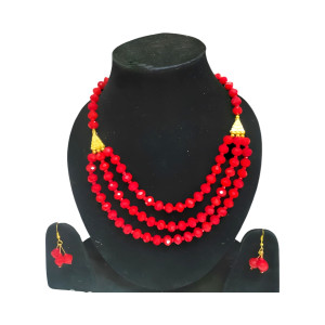 Trendy Red Glass Beads 3 Line Necklace Set