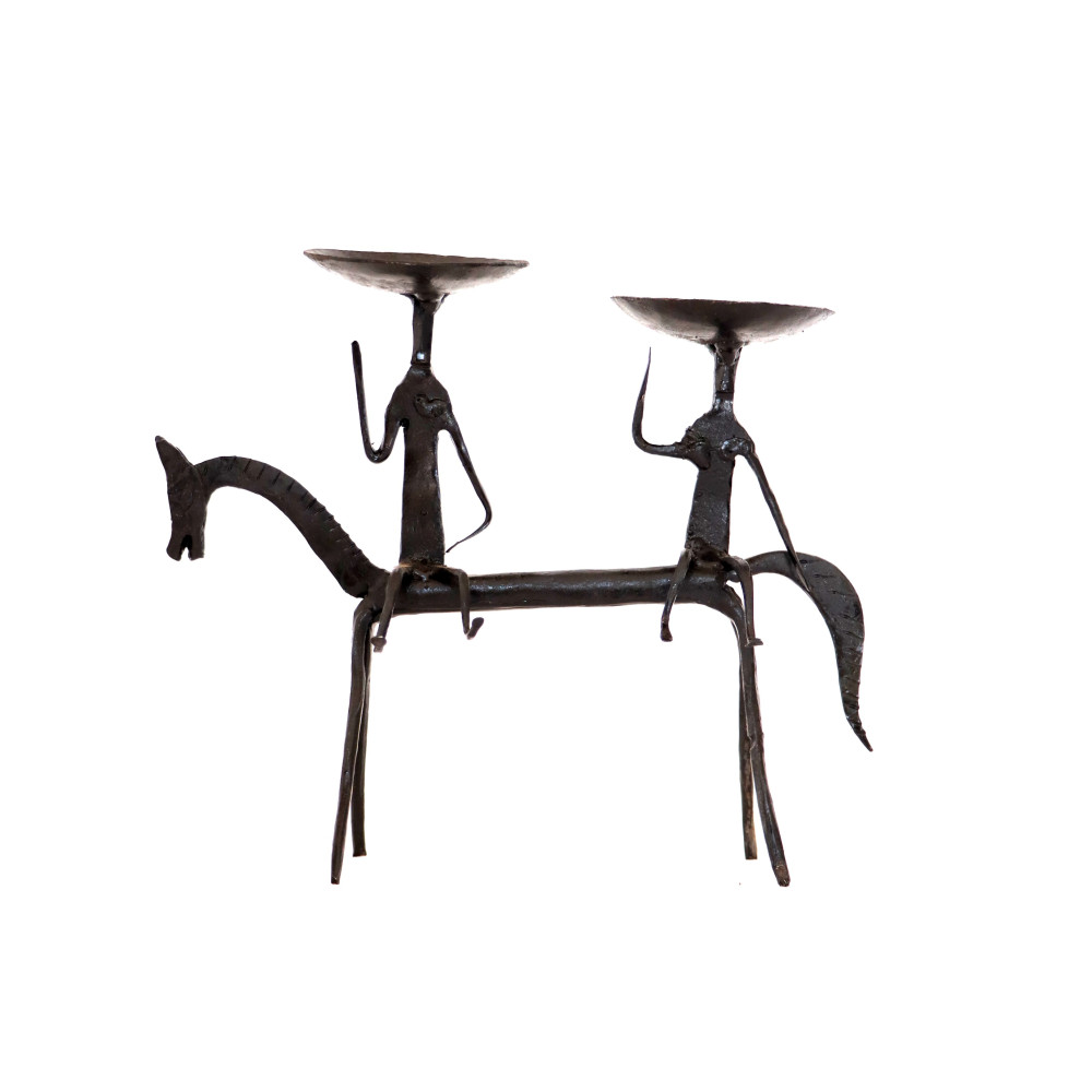 Two tribal men riding on horse candle stand