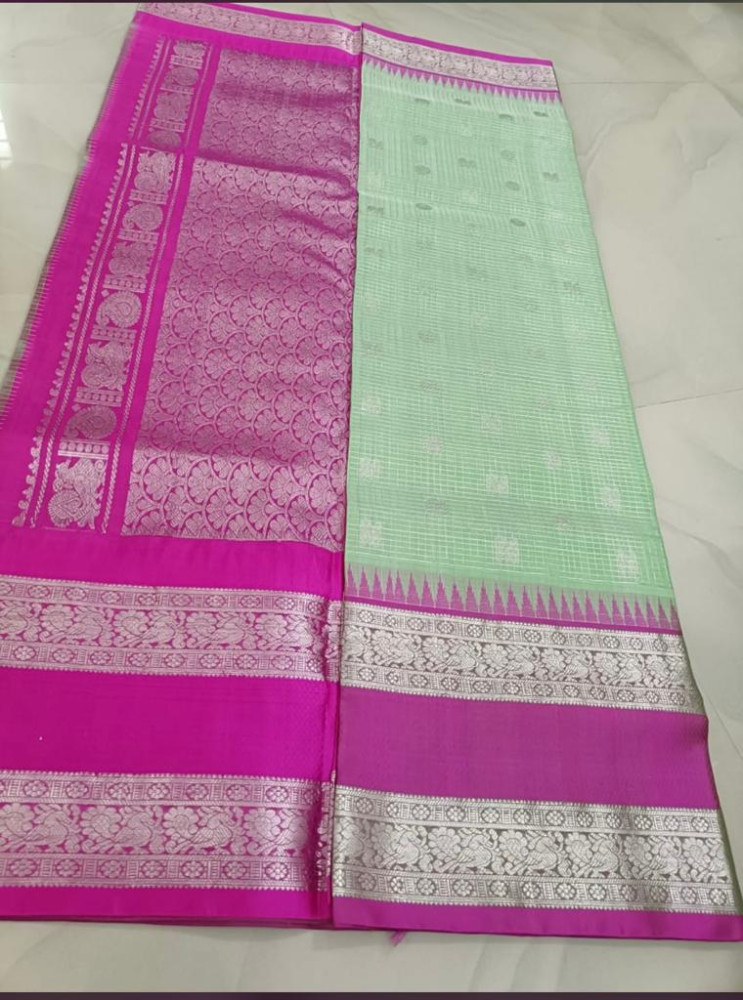 Venkatagiri Pastel Green with Pink Border Saree - 0