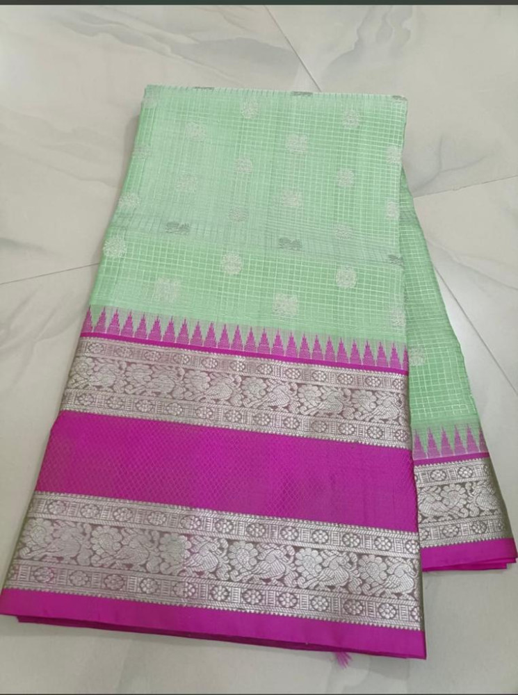 Venkatagiri Pastel Green with Pink Border Saree
