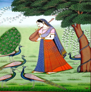 Woman Playing Taanpura with Peacocks Painting(8x12 inch)