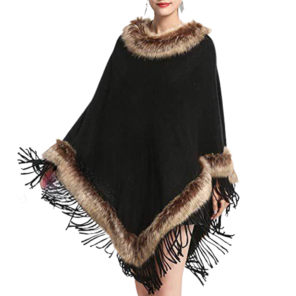 Women Winter Black Pullover Patchwork Pashmina Tassel