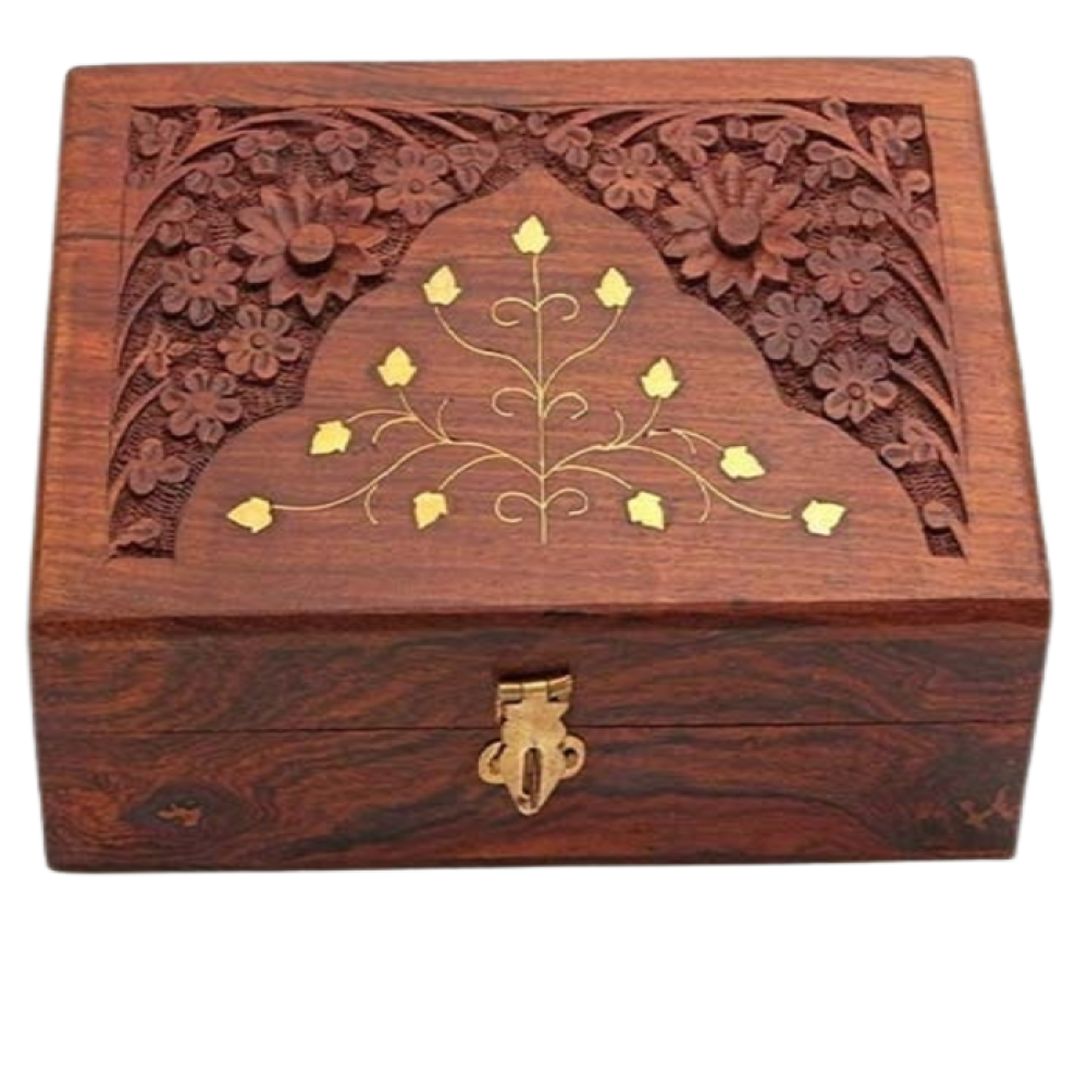 Wooden Handmade Brass And Carving Jewellery Box - 8X5 Inch